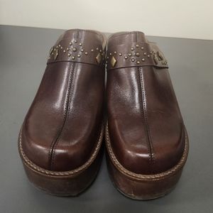 Hokus Pokus Patty Brown Leather Chunky Wood Platform Studded Boho Clogs/Heels 8